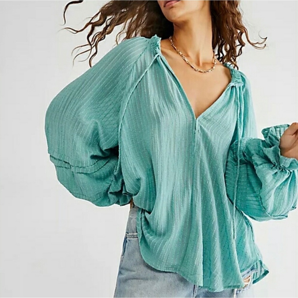 Free People Out Of Town Blue Green Long Balloon Sleeve Boho Peasant Top Sz Small